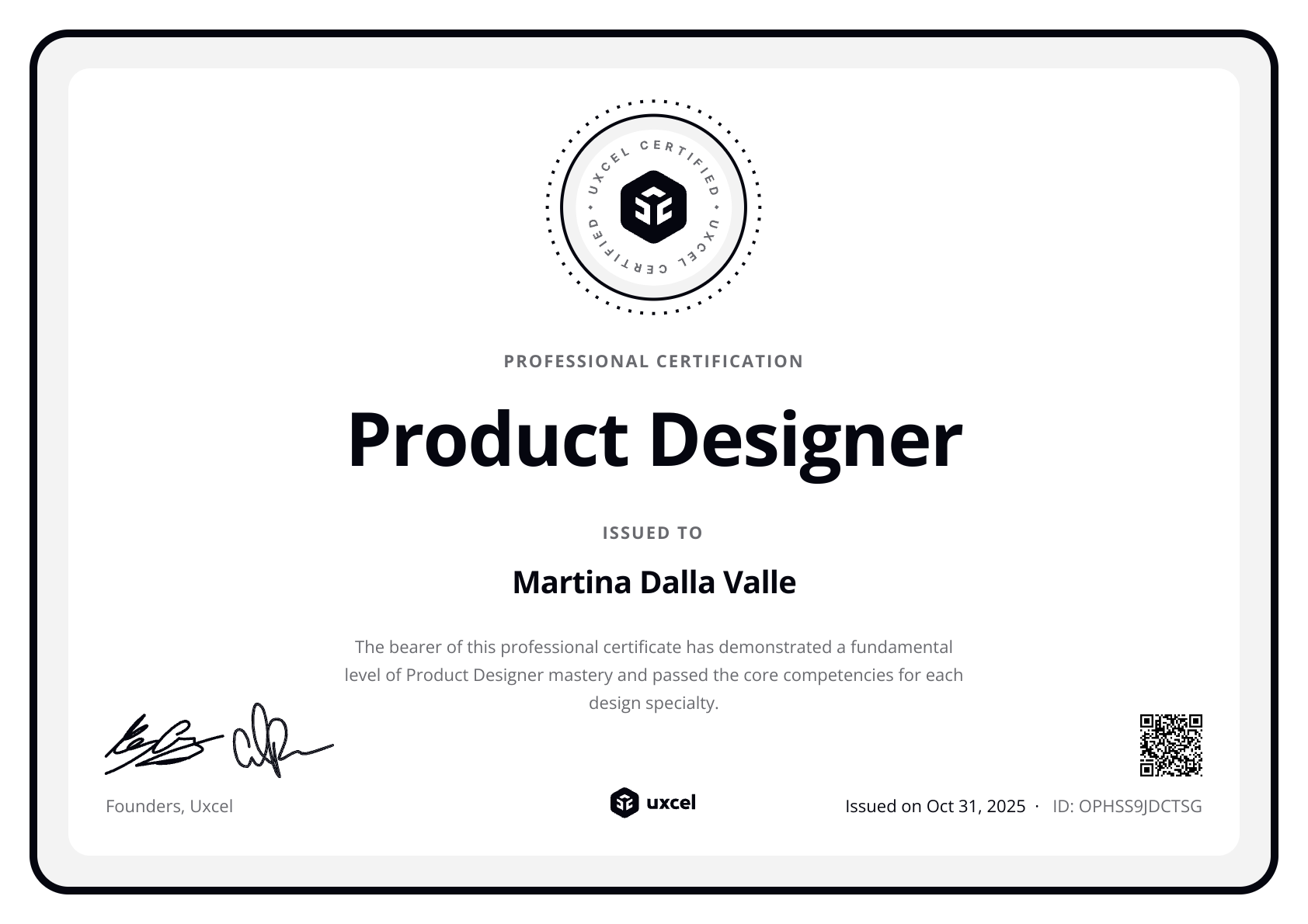 Martina Dalla Valle's certificate